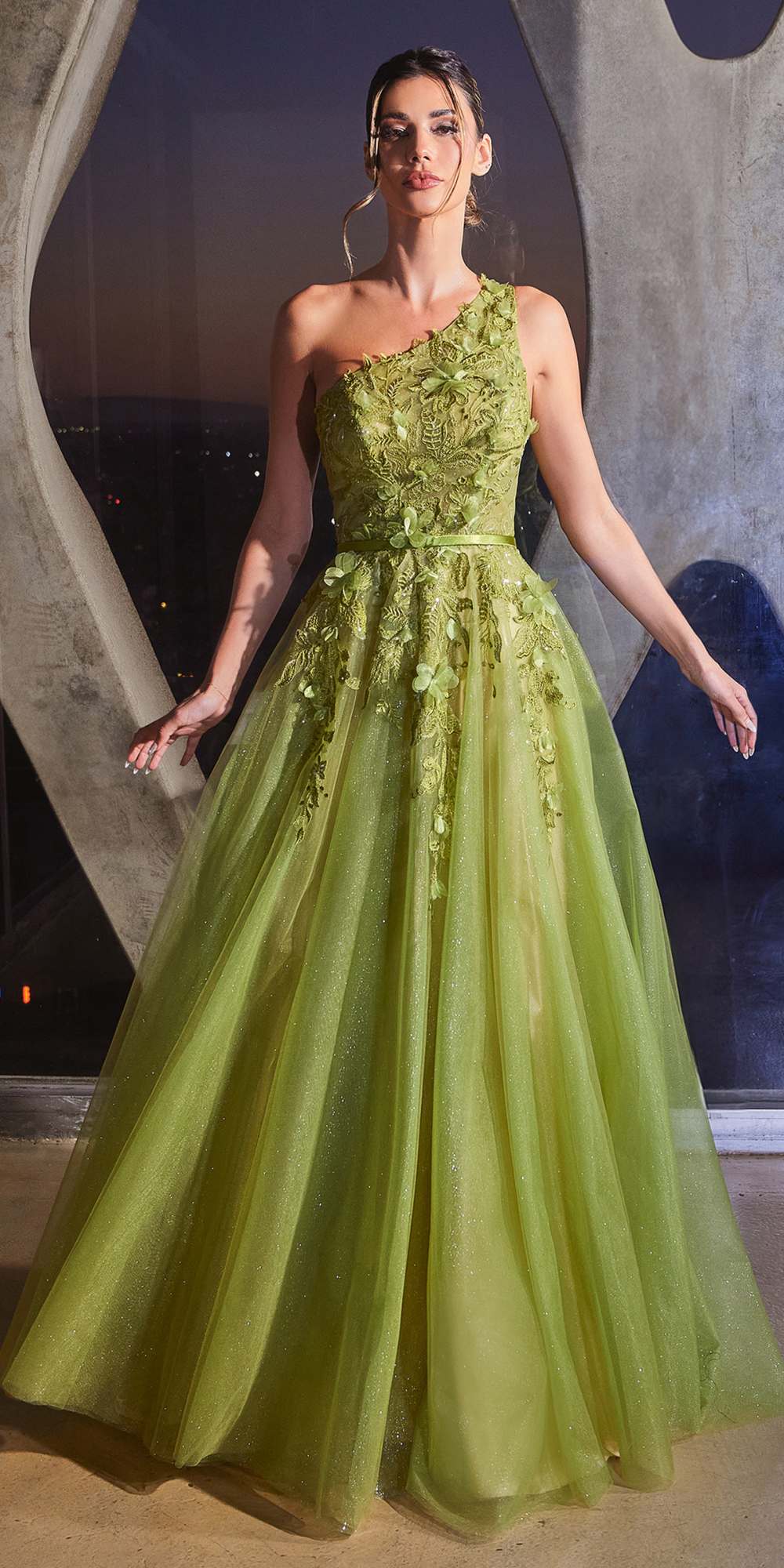 Ladivine CB145 Long One Shoulder Lace Bodice Glitter Tulle Ball Gown   Brittany's Boutique Gowns