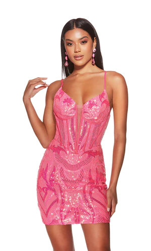 Formal Wear, Short, Sequins, Plunging Neckline, Straight, Strappy Back, Corset Dress, Sparkly