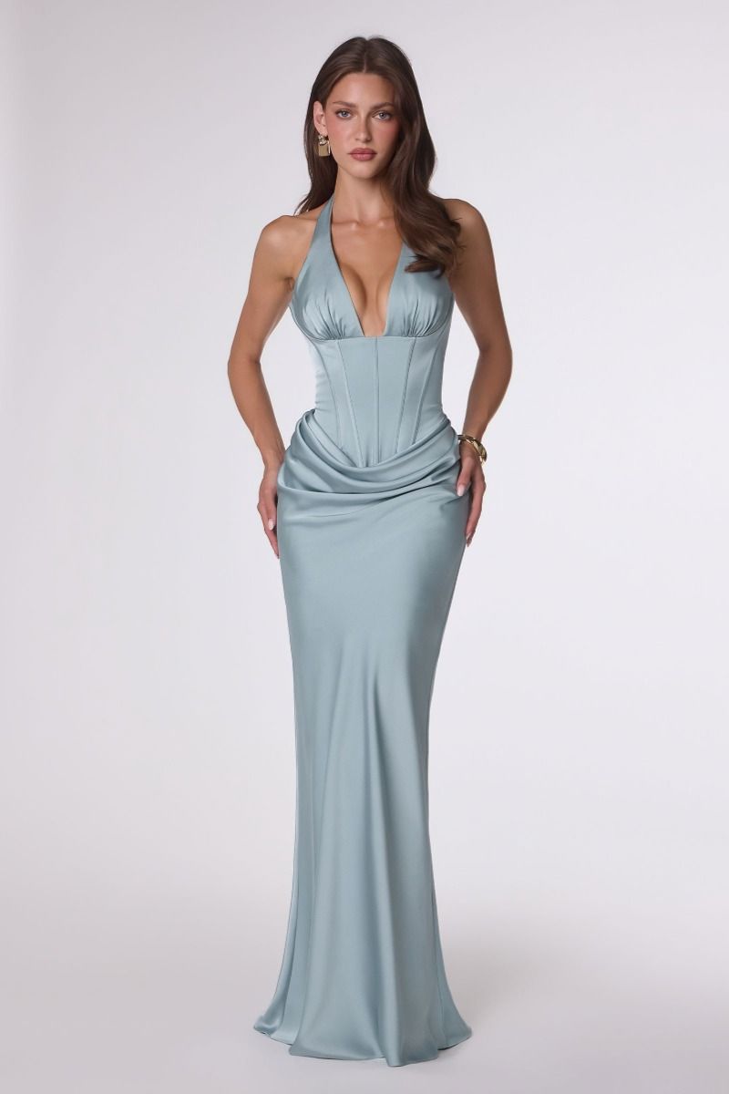 Satin Fitted Halter V-Neck Gown by Amoris T743