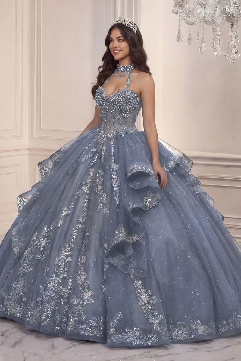 Beaded Halter Ruffled Ball Gown by Ladivine 15741