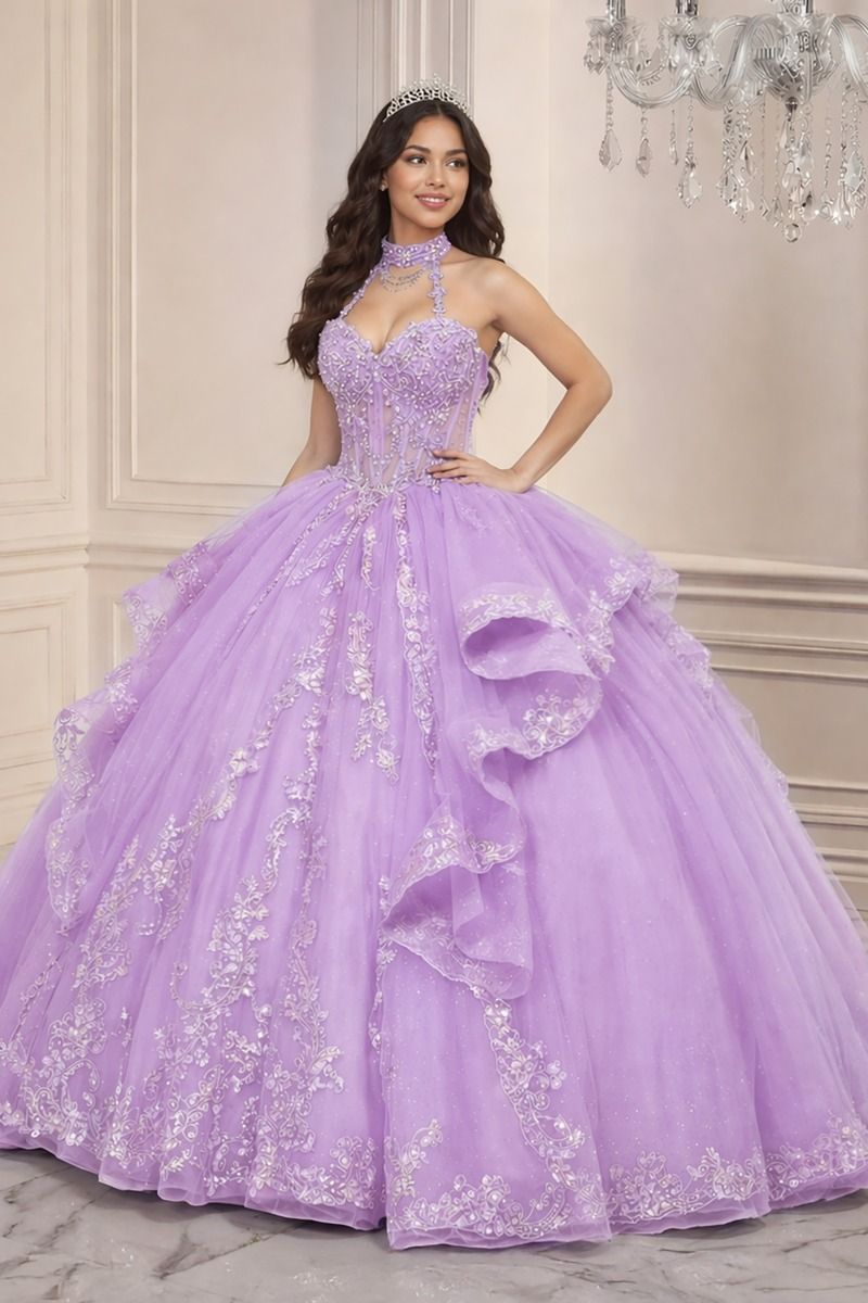 Beaded Halter Ruffled Ball Gown by Ladivine 15741