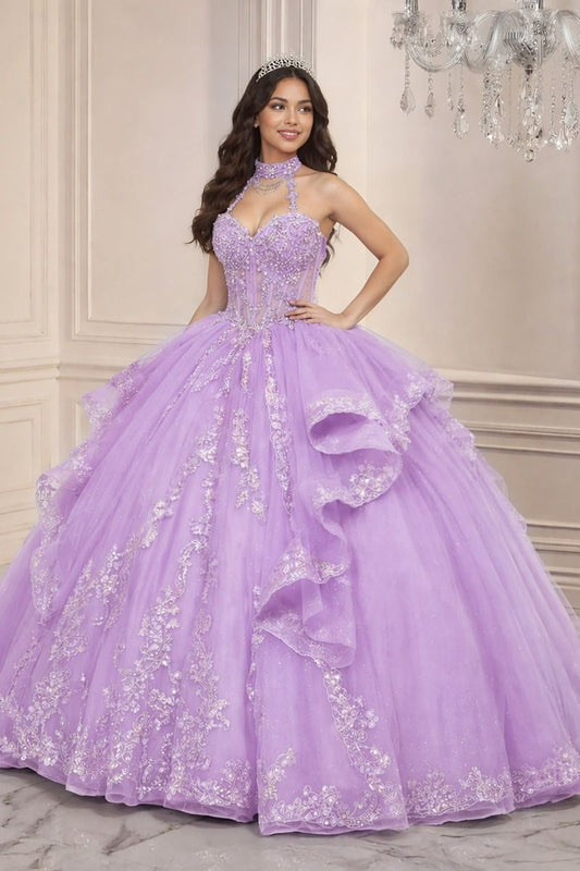 Beaded Halter Ruffled Ball Gown by Ladivine 15741