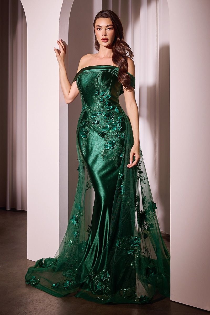 J876
EMBELLISHED SATIN FITTED GOWN WITH TULLE OVERSKIRT