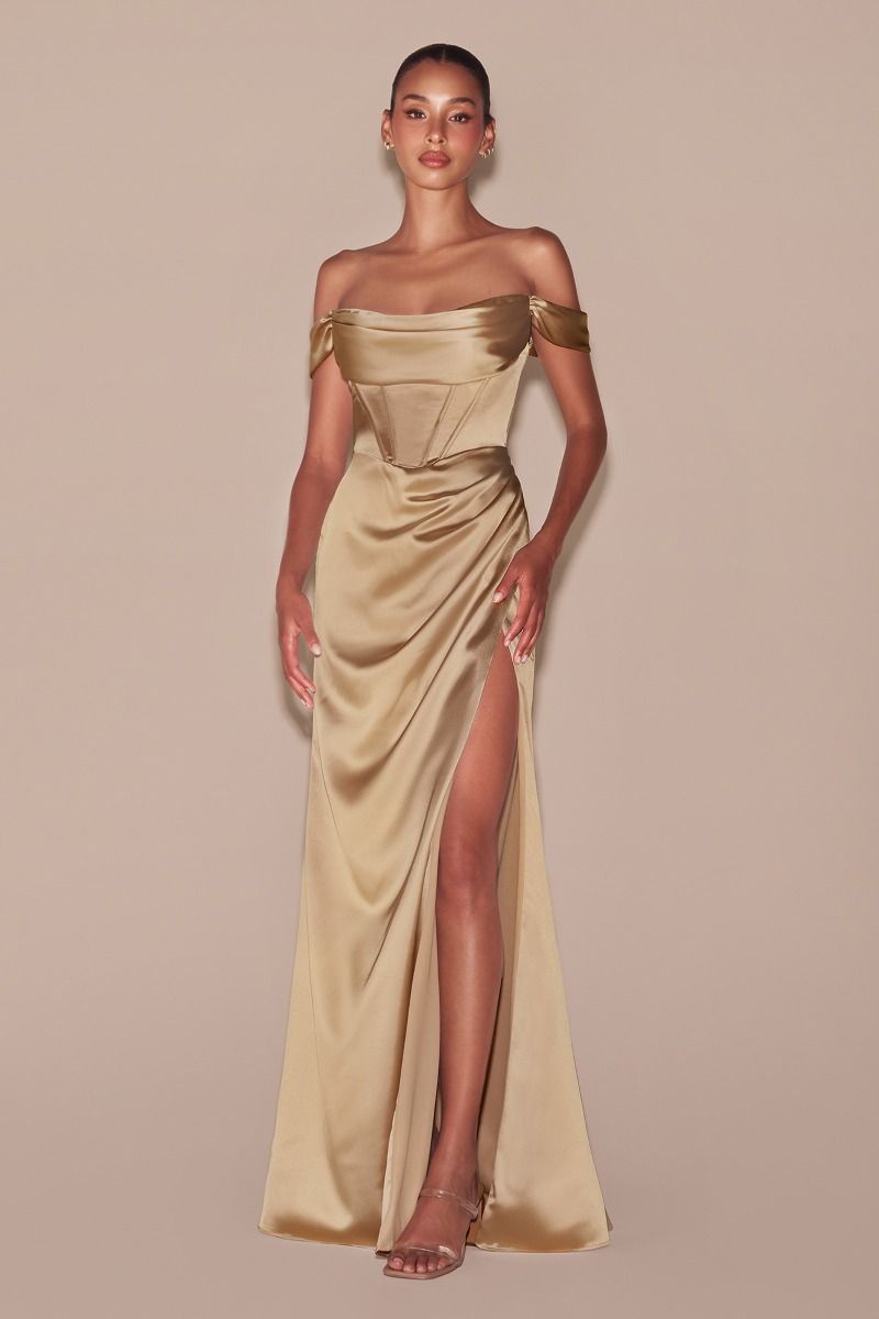 7492 and 7492C SATIN OFF THE SHOULDER CORSET GOWN