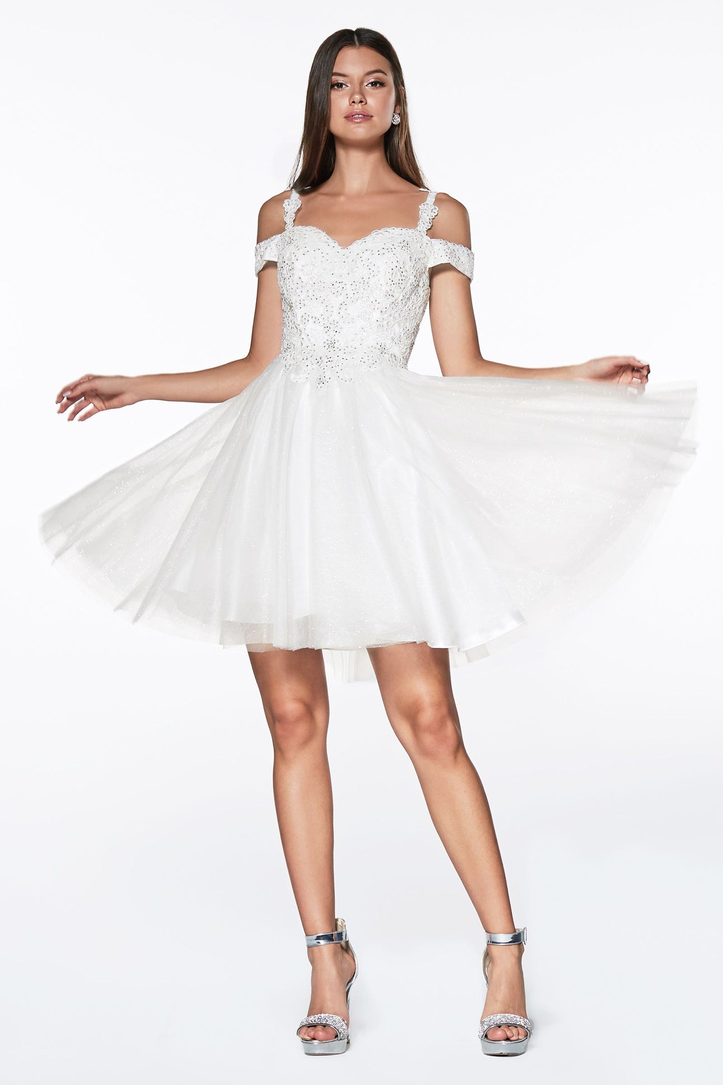 Short Cold Shoulder Glitter Dress by Cinderella Divine CD0132
