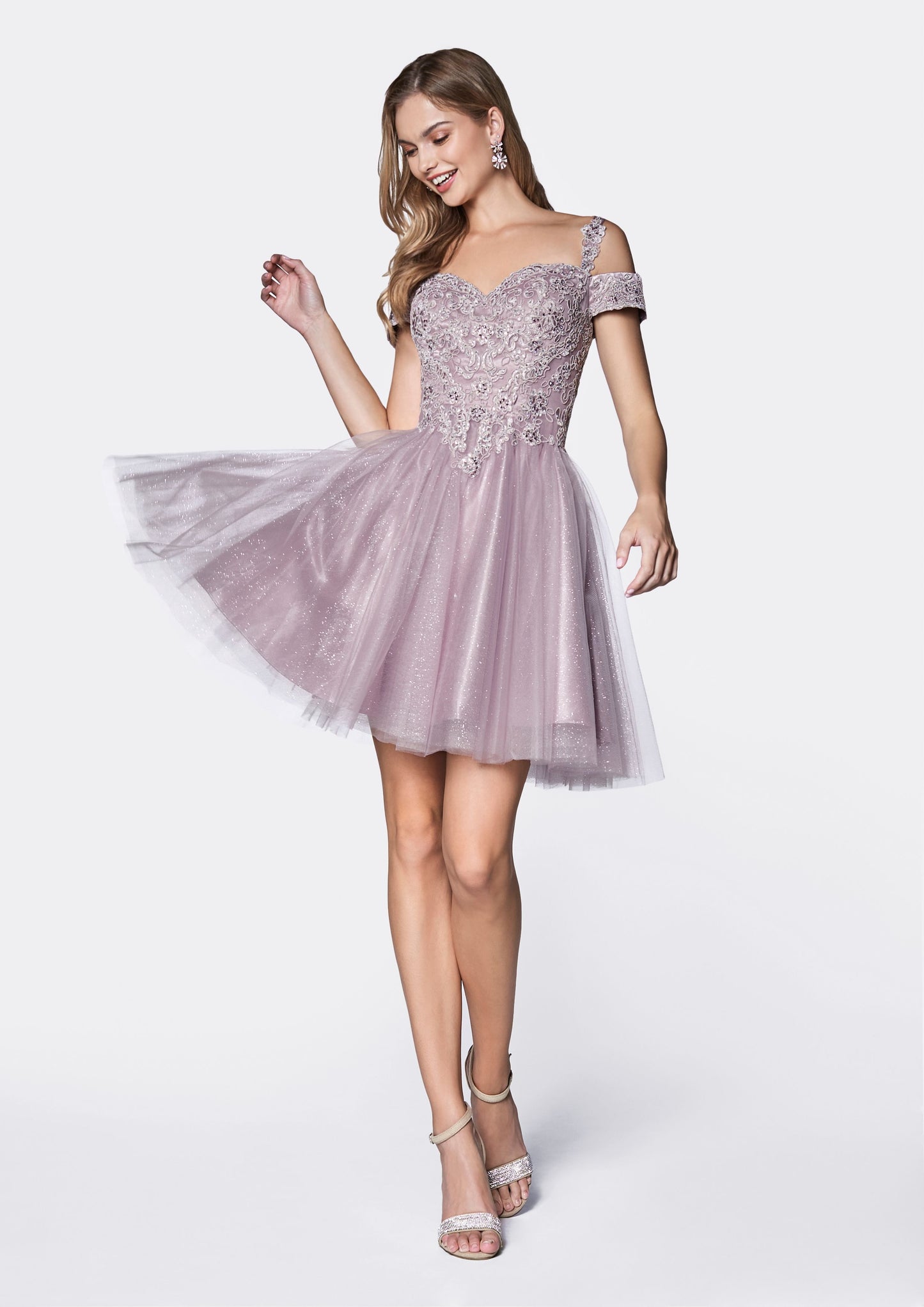 Short Cold Shoulder Glitter Dress by Cinderella Divine CD0132
