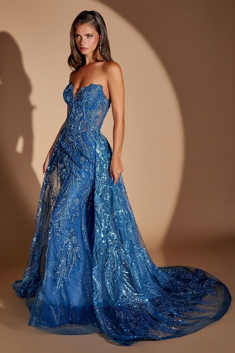 Beaded Strapless Overskirt Gown by Ladivine CM393