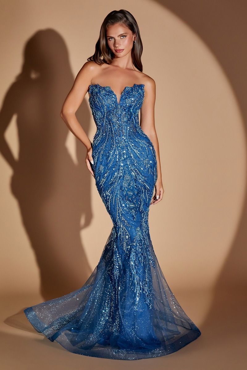 Beaded Strapless Overskirt Gown by Ladivine CM393