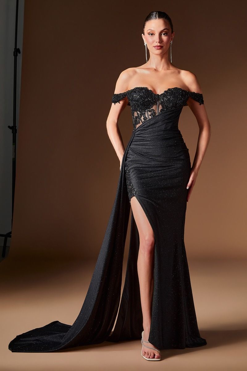 Applique Glitter Off Shoulder Slit Gown by Ladivine J914