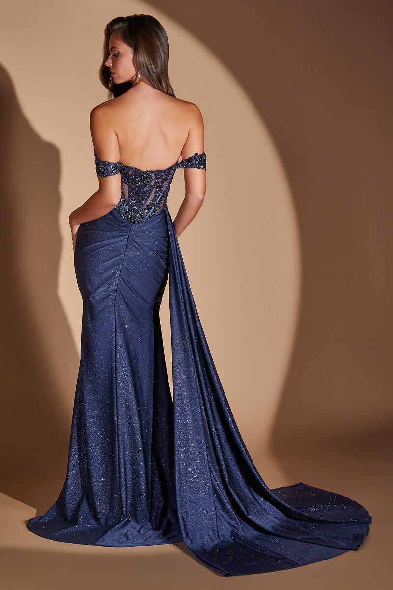Applique Glitter Off Shoulder Slit Gown by Ladivine J914