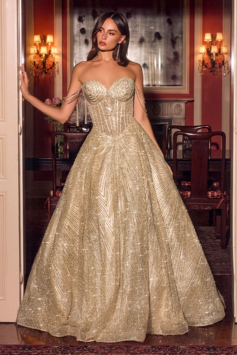 Glitter Off Shoulder A-line Gown by Ladivine J915