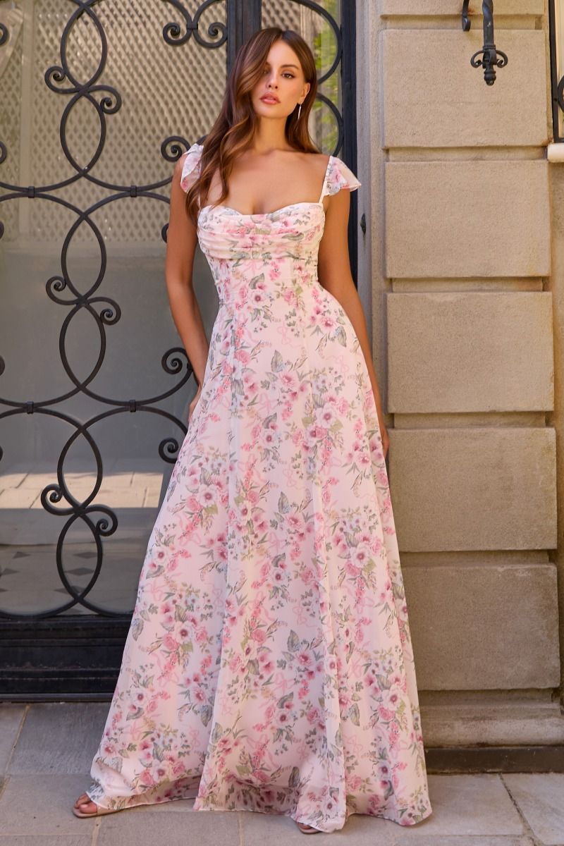Floral Print Flutter Sleeve A-line Gown by Amoris T749