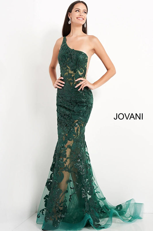 Jovani 02895 Green One Shoulder Embellished Prom Dress