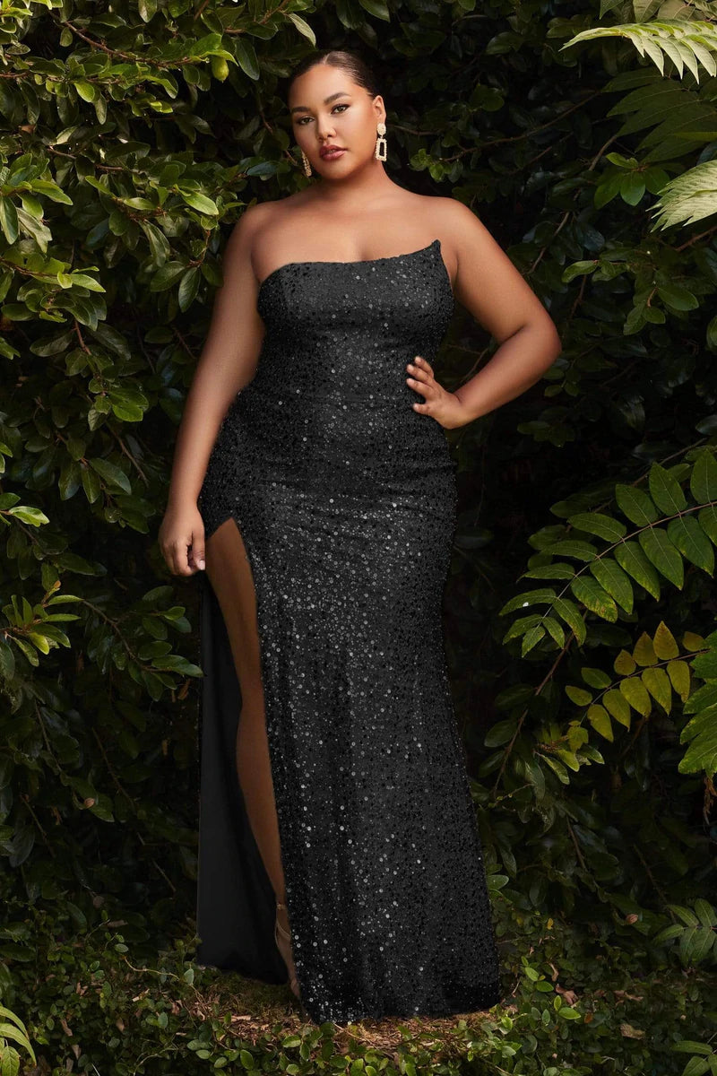 STRAPLESS A-SYMETRICAL CURVY FIT SEQUIN GOWN-CH165C