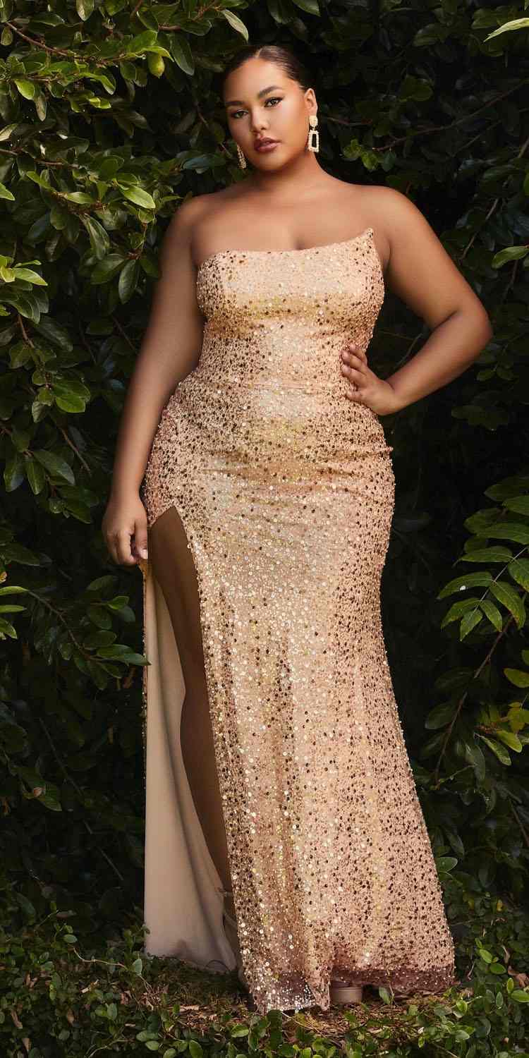 STRAPLESS A-SYMETRICAL CURVY FIT SEQUIN GOWN-CH165C