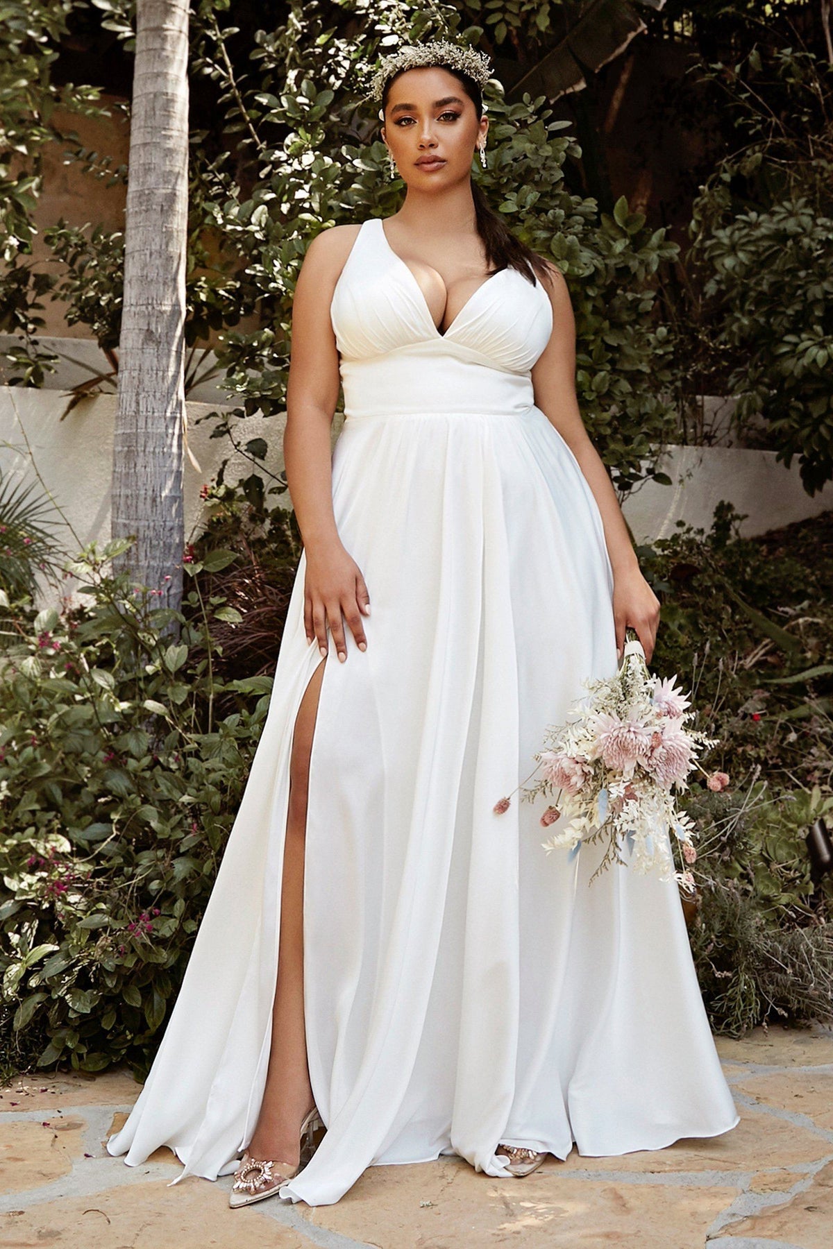 PLUS SIZE WHITE SATIN V-NECK GOWN BY CINDERELLA DIVINE 7469WW – Brittany's Boutique Gowns